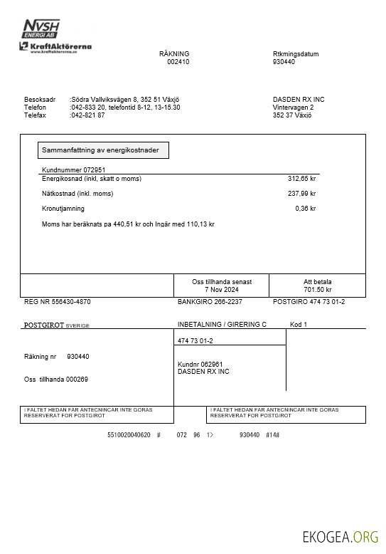 Modèle de facture de services publics suédois NVSH Energi aux formats Word et PDF